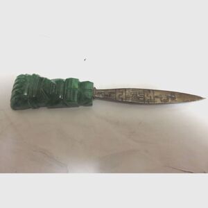 Vintage Genuine Carved Green Malachite Sterling Silver Letter Opener Mexico READ